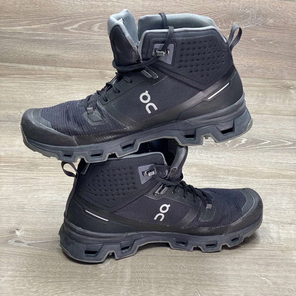On Cloudrock Waterproof Hiking Boots Mens 12 Black All Black Trail Outdoor